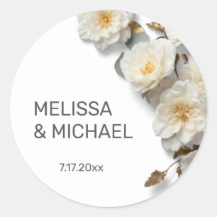 Sticker Rond Mariage Roses 3D Blanc Ivoire