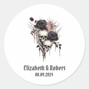 Sticker Rond Mariage Roses Noires Gothiques de Crânes