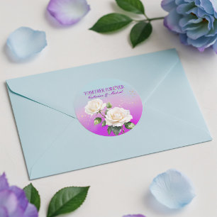 Sticker Rond Mariage Roses Ombrées Aquarelle Bleu Rose Violet