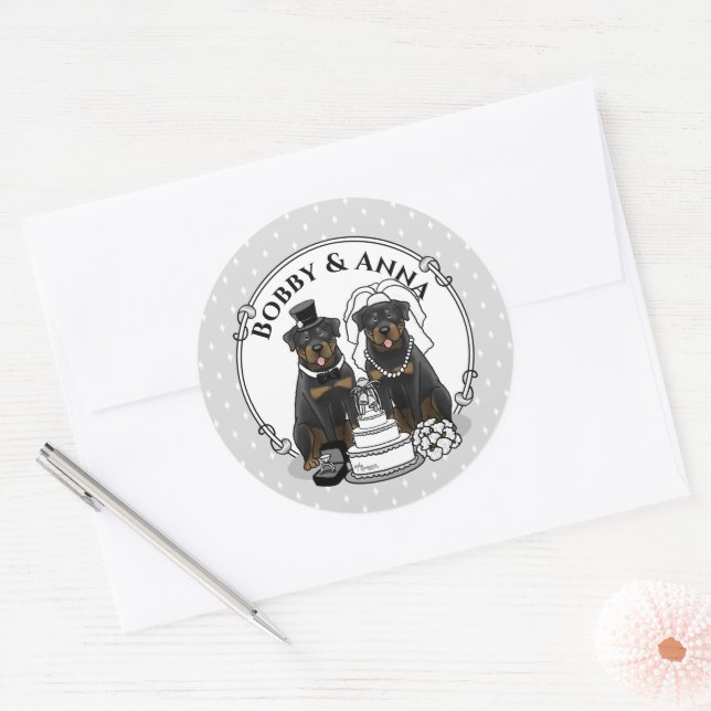 Sticker Rond Mariage Rottweilers marié et chien de chambre mign (Enveloppe)