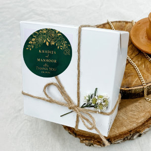 Sticker Rond Mariage Royal Émeraude Vert Or Floral Remerciement