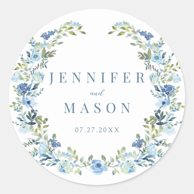 Sticker Rond Mariage rustique bohème de fleurs bleues (Devant)