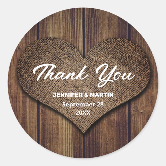 Sticker Rond Mariage Rustique Burlap Merci Favoriser (Devant)