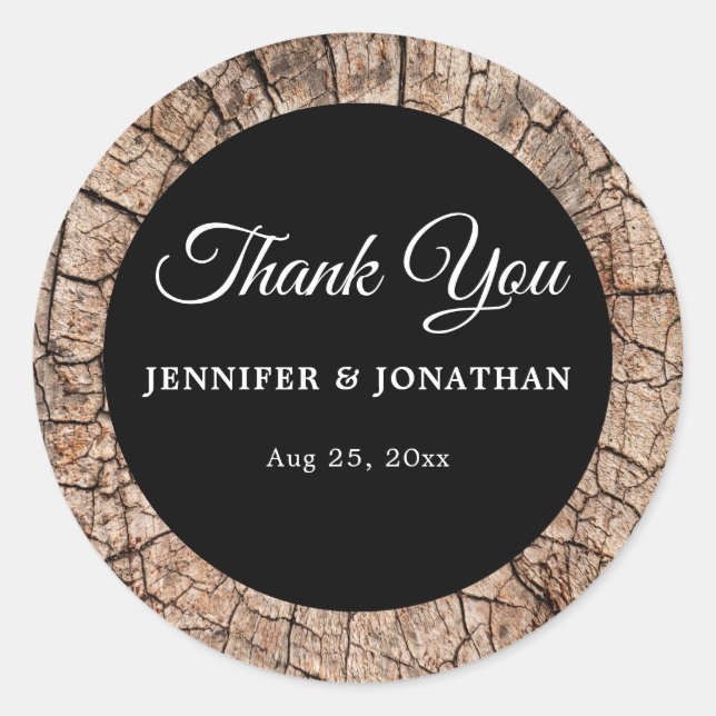 Sticker Rond Mariage rustique de grain de bois Merci (Devant)