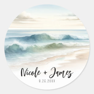 Sticker Rond Mariage Rustique de Vagues de Plage à l'Aquarelle