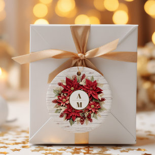 Sticker Rond Mariage Rustique en bois blanc Poinsettia