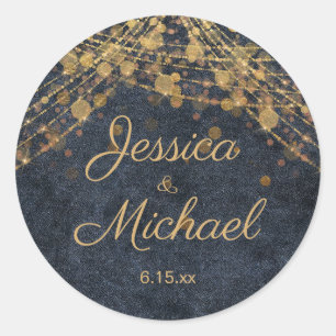 Sticker Rond Mariage Rustique Glam Bleu Nuit Or Script