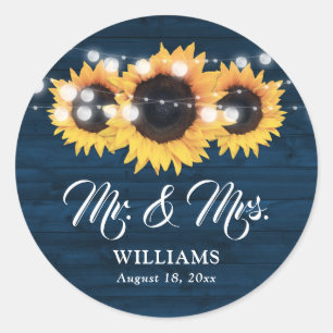 Sticker Rond Mariage rustique Monsieur et Madame Tournesol Bleu