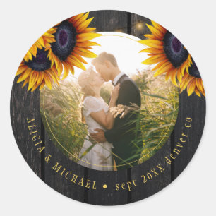 Sticker Rond Mariage rustique photo personnalisée tournesol boi