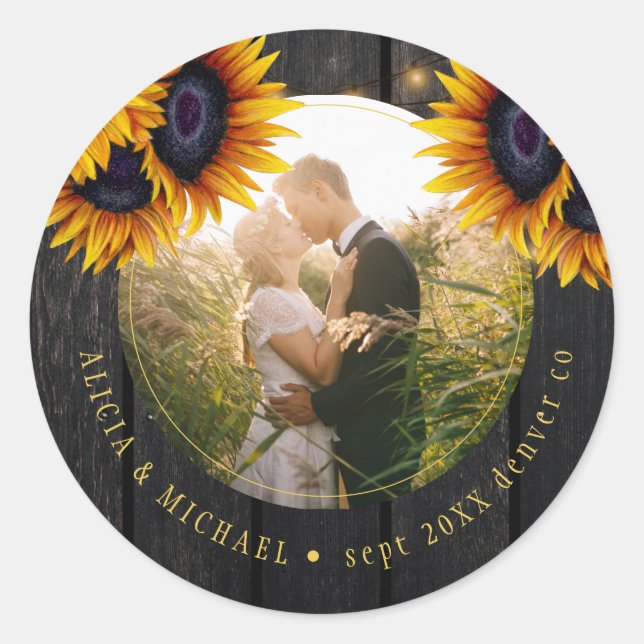 Sticker Rond Mariage rustique photo personnalisée tournesol boi (Devant)