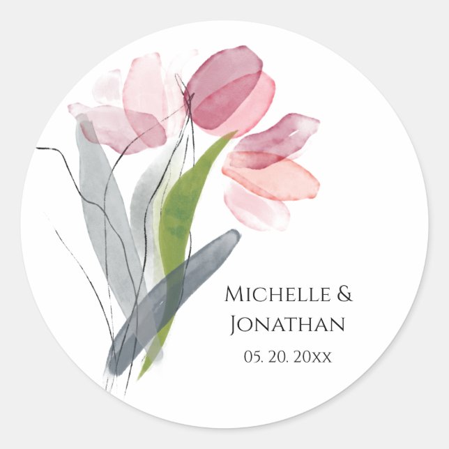 Sticker Rond Mariage simple Aquarelle Ressort Tulipe rose (Devant)