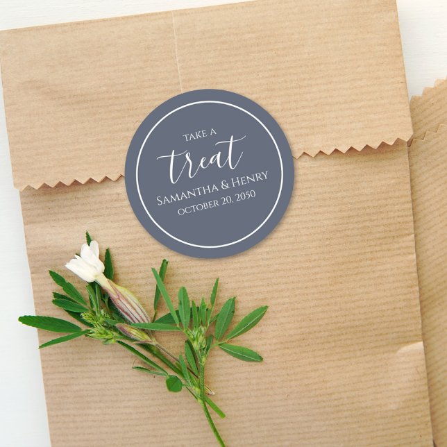 Sticker Rond Mariage Simple Calligraphie Script Treat Grey (Créateur téléchargé)