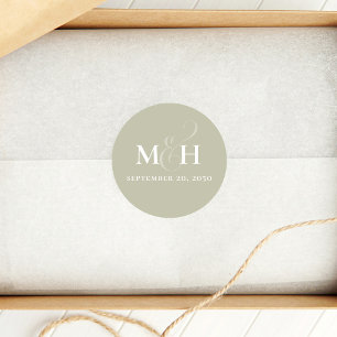 Sticker Rond Mariage Simple Elegant Sage Green Monogramme