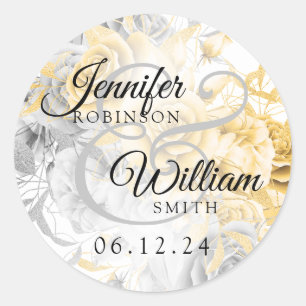 Sticker Rond Mariage Simple Or & Argent Élégant Floral