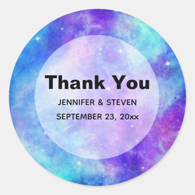 Sticker Rond Mariage spatial violet et bleu Galaxy Merci (Devant)