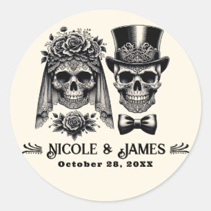 Sticker Rond Mariage squelette vintage noir et or crème 