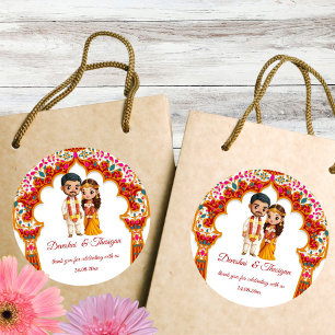 Sticker Rond Mariage sud-indien tamoul - Caricature mignonne fa