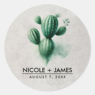 Sticker Rond Mariage Sud-Ouest Cactus Vert Gris Aquarelle