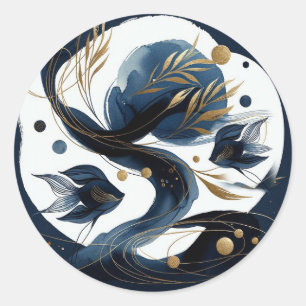 Sticker Rond Mariage sur la plage avec Poisson en Or et Bleu de