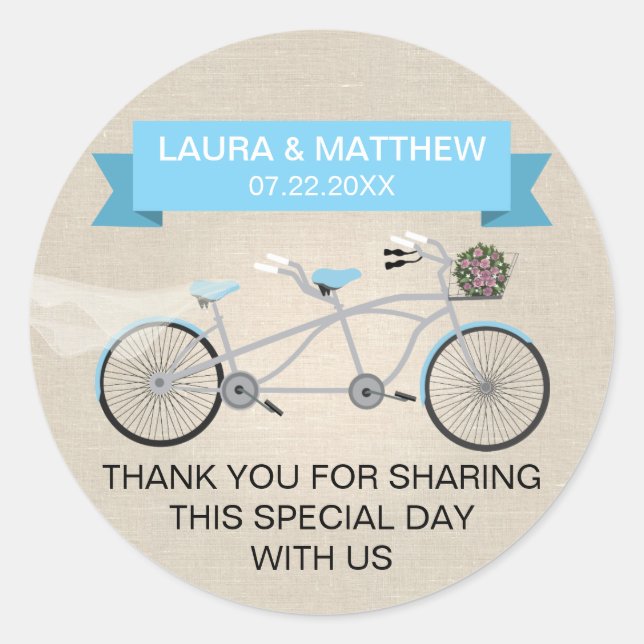 Sticker Rond Mariage tandem bleu de toile de bicyclette de Faux (Devant)