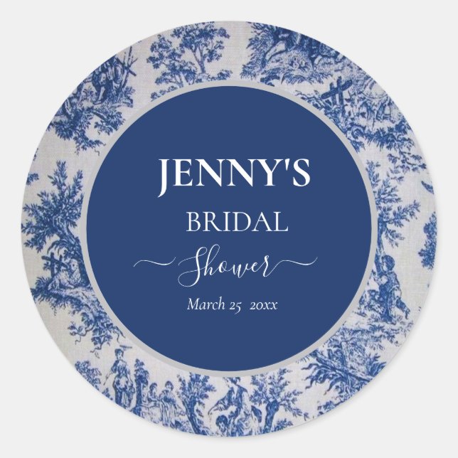 Sticker Rond Mariage Toile de Jouy Bleu et Blanc (Devant)