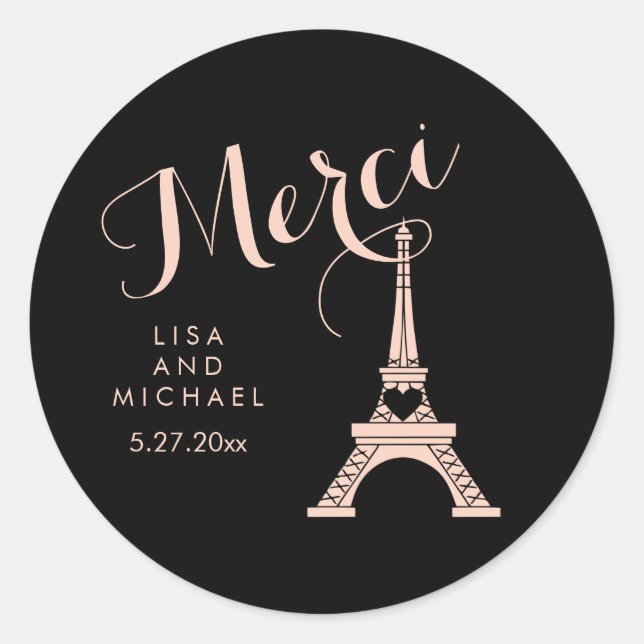 Sticker Rond Mariage Tour Eiffel Paris Noir et Rose Merci (Devant)