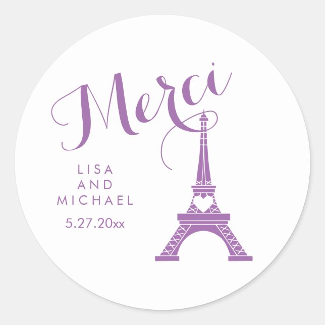 Sticker Rond Mariage Tour Eiffel Paris violet et blanc Merci (Devant)