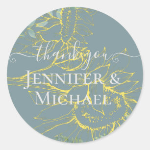 Sticker Rond Mariage Tournesols Modernes Vert Sauge Or