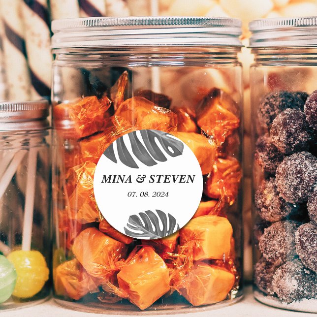 Sticker Rond mariage tropical moderne noir et blanc (Créateur téléchargé)