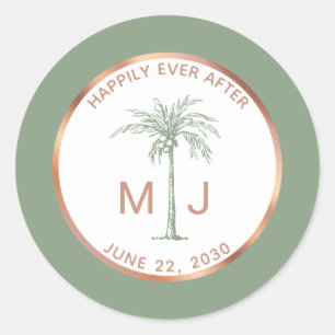 Sticker Rond Mariage Tropical Monogramme Arbre Palmier Or Rose