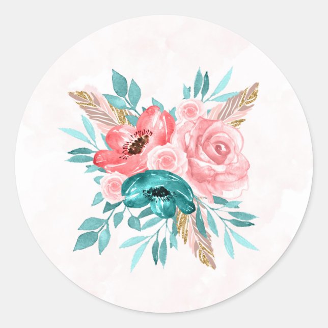 Sticker Rond Mariage turquoise et corail Peony (Devant)