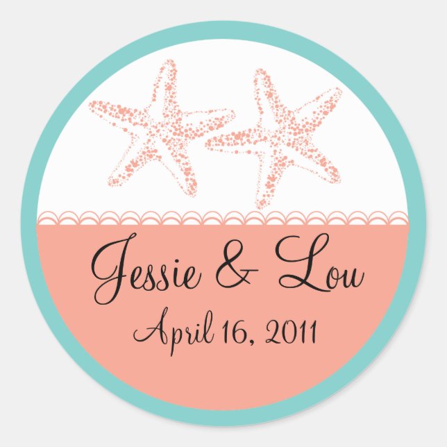 Sticker Rond Mariage turquoise et corail Starfish (Devant)