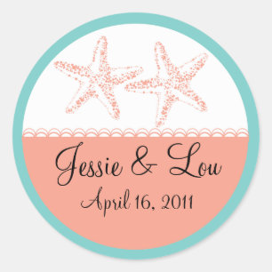 Sticker Rond Mariage turquoise et corail Starfish