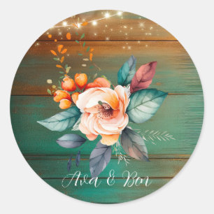 Sticker Rond Mariage turquoise et Cuivre Lumières florales
