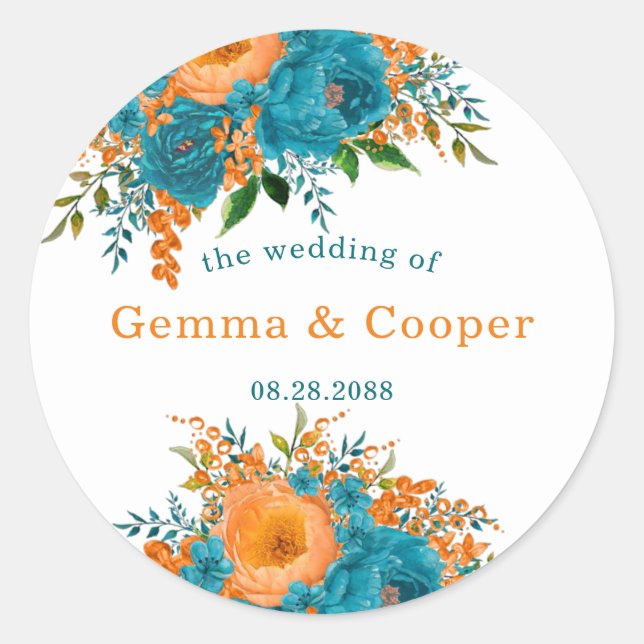 Sticker Rond Mariage turquoise et orange aquarelle (Devant)