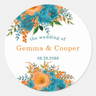 Sticker Rond Mariage turquoise et orange aquarelle
