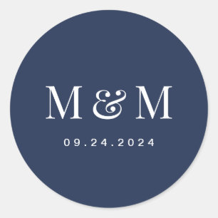 Sticker Rond Mariage Typographie Monogramme Bleu Marine Classiq