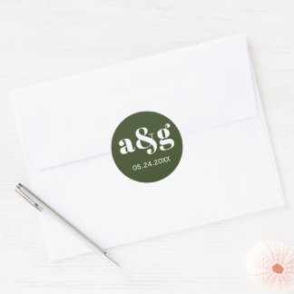 Sticker Rond Mariage vert foncé monogramme simple et élégant