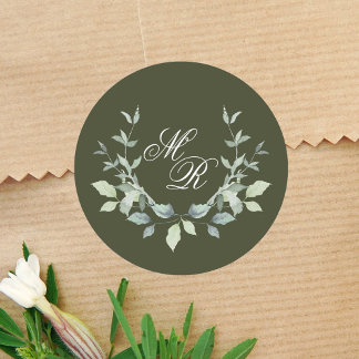 Sticker Rond Mariage Vert Monogramme Classique Personnalisé