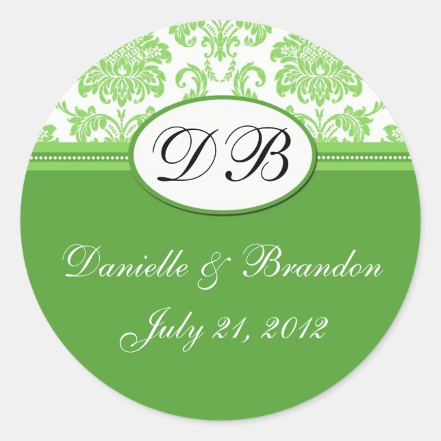 Sticker Rond Mariage vert Monogramme Damask Seal (Devant)