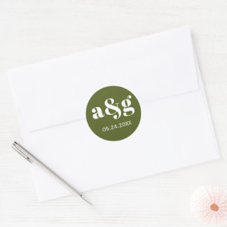 Sticker Rond Mariage vert monogramme simple et élégant