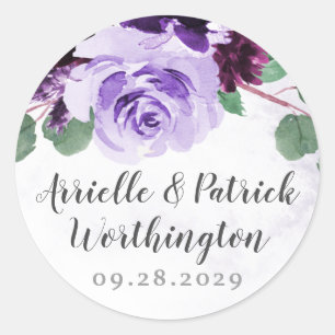 Sticker Rond Mariage Vintage à la florale pourpre et argentée