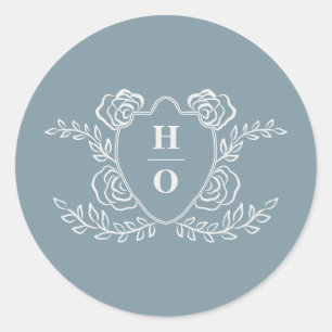 Sticker Rond Mariage Vintage Blason Floral Monogramme Bleu