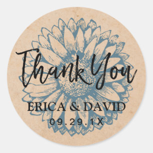 Sticker Rond Mariage vintage de tournesol Kraft Merci