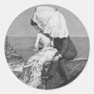 Sticker Rond Mariage Vintage, Jeunes Mariés au Bord de la Mer