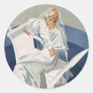 Sticker Rond Mariage Vintage, Mariée Art Déco Moderne Du Milieu