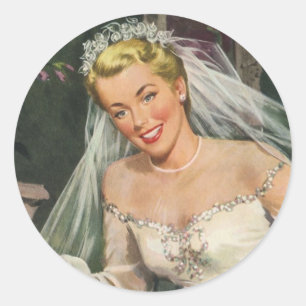 Sticker Rond Mariage Vintage, Mariée Rétro avec Fille aux Fleur