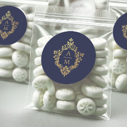 Sticker Rond Mariage vintage Monogramme Crest Marine Bleu Faux 