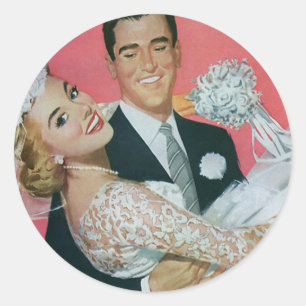 Sticker Rond Mariage vintage Nouveaux mariés, mariée porteuse