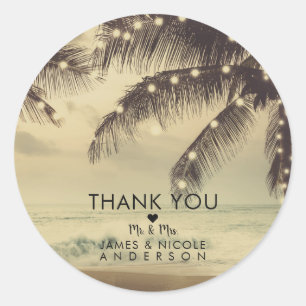Sticker Rond Mariage Vintage Plage Océan Palmiers & Lumières